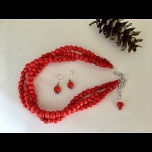 ICervoni Creations Handcrafted Red Wood Beaded Statement Necklace and Earrings